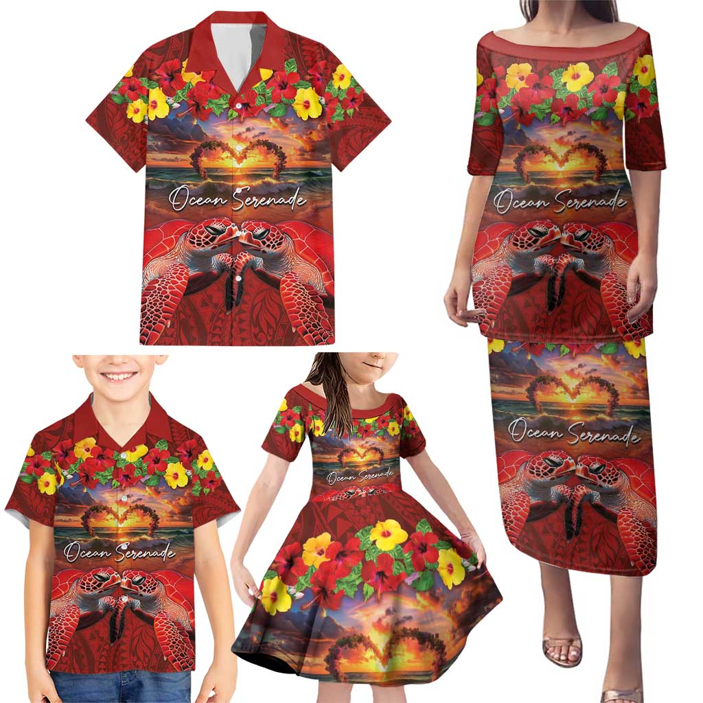 Hawaiian Turtle Love Couple Family Matching Puletasi and Hawaiian Shirt Ocean Serenade - Honu Honi Ihu with Hibiscus and Romantic Sunset Red Color