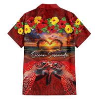 Hawaiian Turtle Love Couple Family Matching Puletasi and Hawaiian Shirt Ocean Serenade - Honu Honi Ihu with Hibiscus and Romantic Sunset Red Color