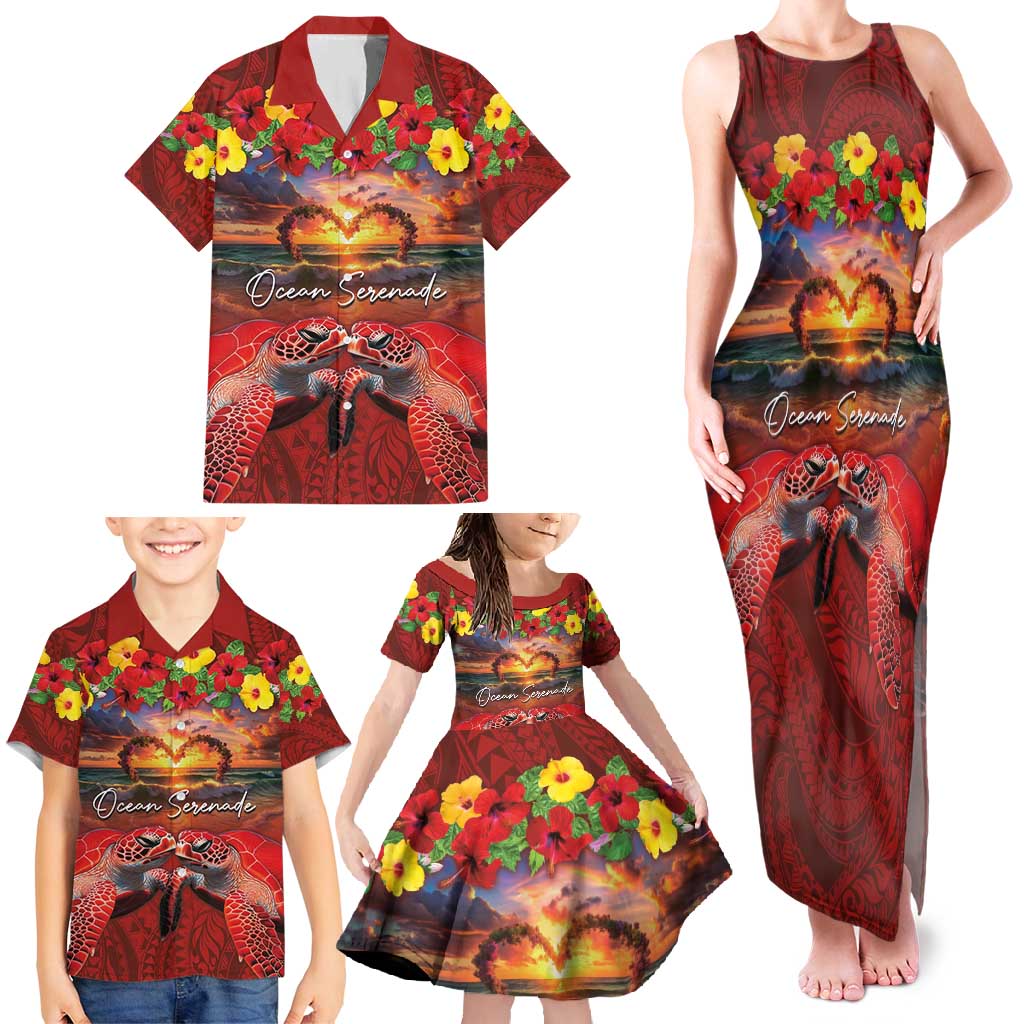 Hawaiian Turtle Love Couple Family Matching Tank Maxi Dress and Hawaiian Shirt Ocean Serenade - Honu Honi Ihu with Hibiscus and Romantic Sunset Red Color