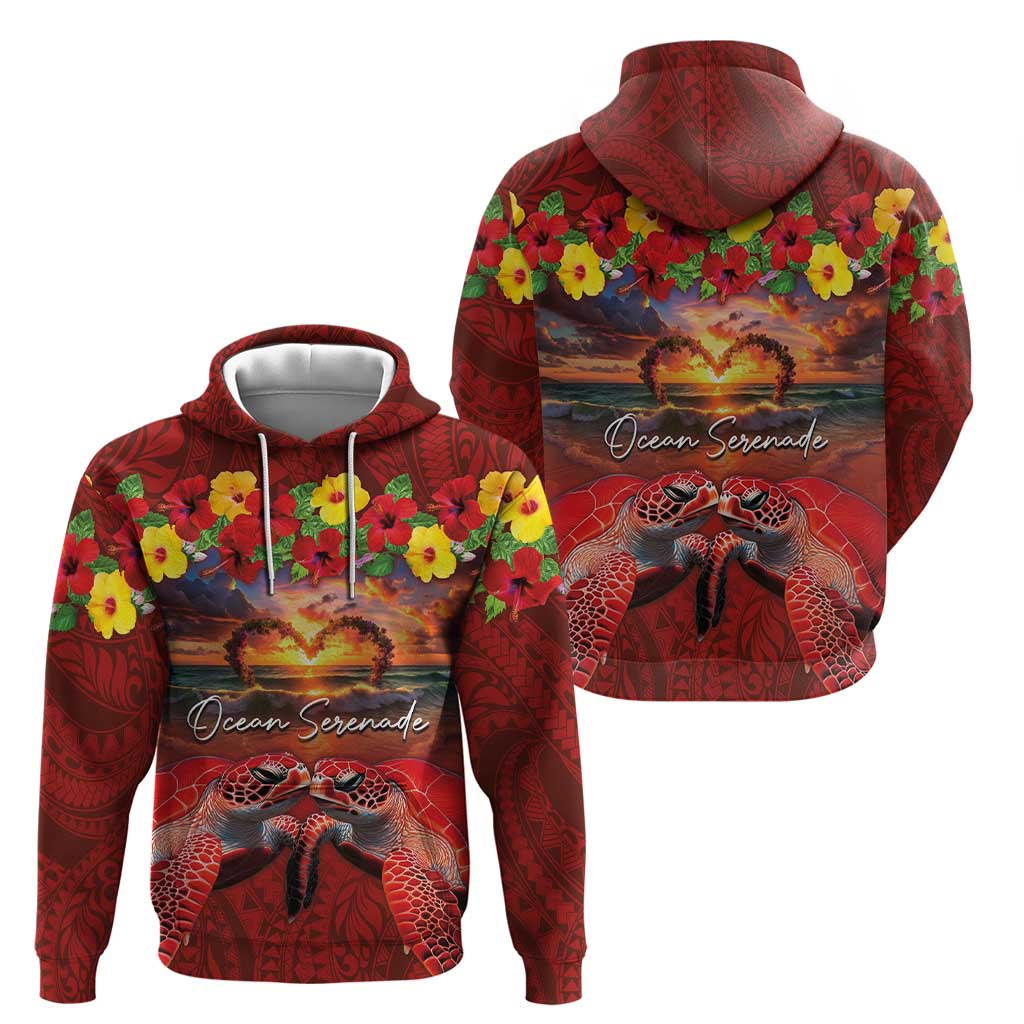 Hawaiian Turtle Love Couple Hoodie Ocean Serenade - Honu Honi Ihu with Hibiscus and Romantic Sunset Red Color