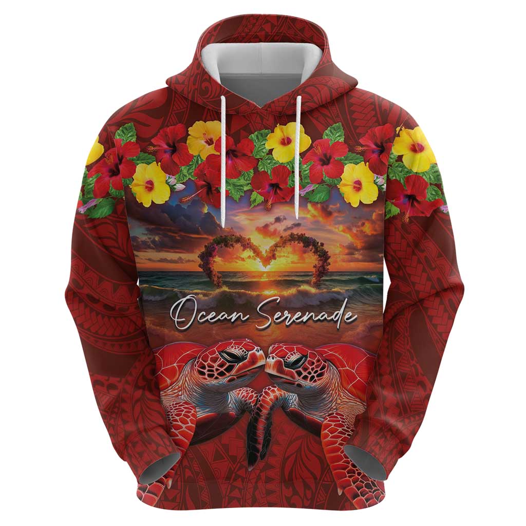 Hawaiian Turtle Love Couple Hoodie Ocean Serenade - Honu Honi Ihu with Hibiscus and Romantic Sunset Red Color