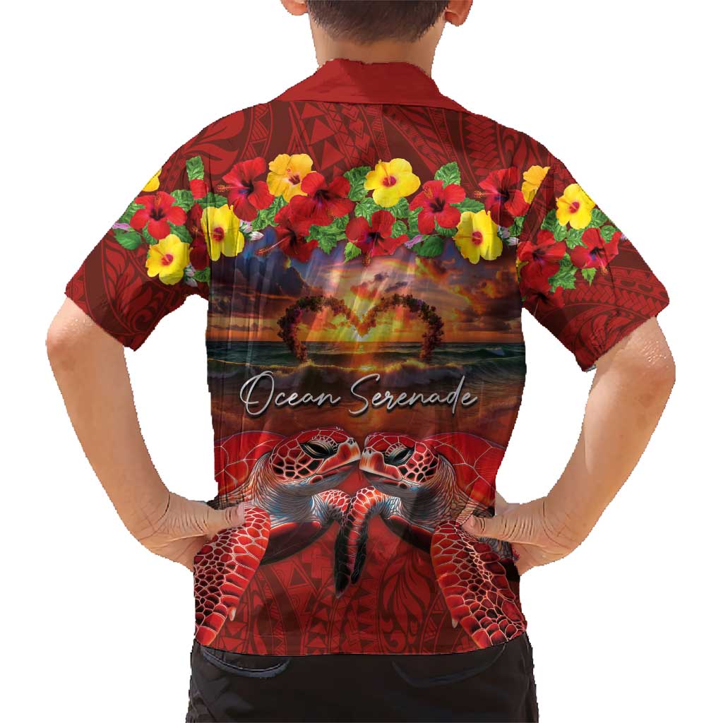 Hawaiian Turtle Love Couple Kid Hawaiian Shirt Ocean Serenade - Honu Honi Ihu with Hibiscus and Romantic Sunset Red Color