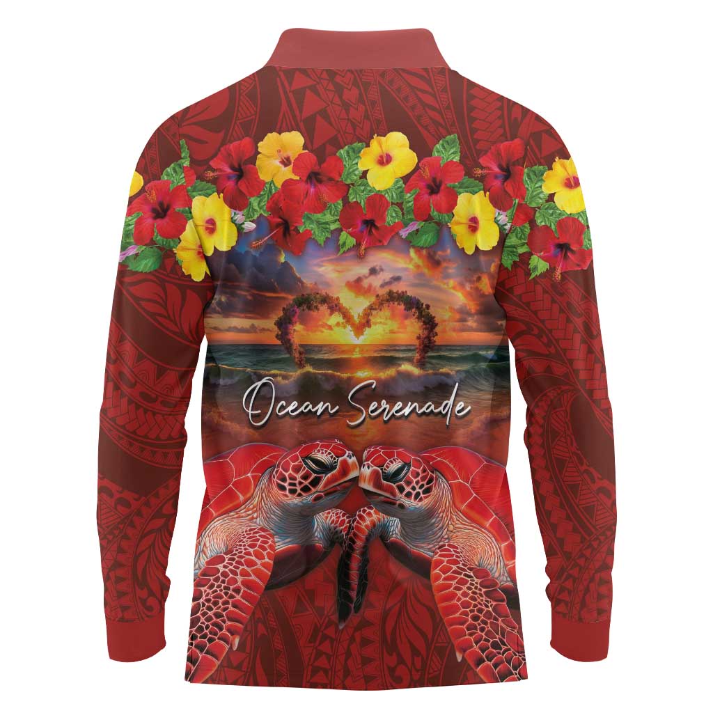 Hawaiian Turtle Love Couple Long Sleeve Polo Shirt Ocean Serenade - Honu Honi Ihu with Hibiscus and Romantic Sunset Red Color