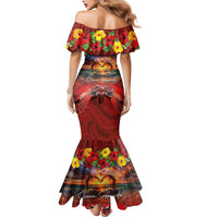 Hawaiian Turtle Love Couple Mermaid Dress Ocean Serenade - Honu Honi Ihu with Hibiscus and Romantic Sunset Red Color