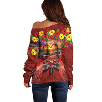 Hawaiian Turtle Love Couple Off Shoulder Sweater Ocean Serenade - Honu Honi Ihu with Hibiscus and Romantic Sunset Red Color