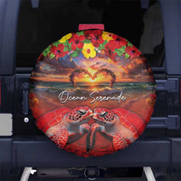 Hawaiian Turtle Love Couple Spare Tire Cover Ocean Serenade - Honu Honi Ihu with Hibiscus and Romantic Sunset Red Color