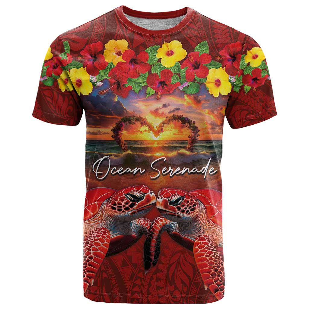 Hawaiian Turtle Love Couple T Shirt Ocean Serenade - Honu Honi Ihu with Hibiscus and Romantic Sunset Red Color