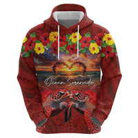 Hawaiian Turtle Love Couple Zip Hoodie Ocean Serenade - Honu Honi Ihu with Hibiscus and Romantic Sunset Red Color