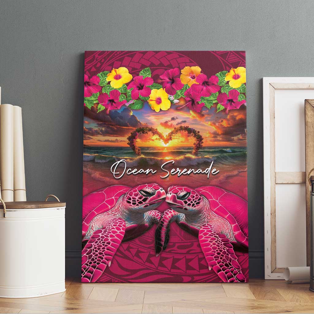 Hawaiian Turtle Love Couple Canvas Wall Art Ocean Serenade - Honu Honi Ihu with Hibiscus and Romantic Sunset Pink Color
