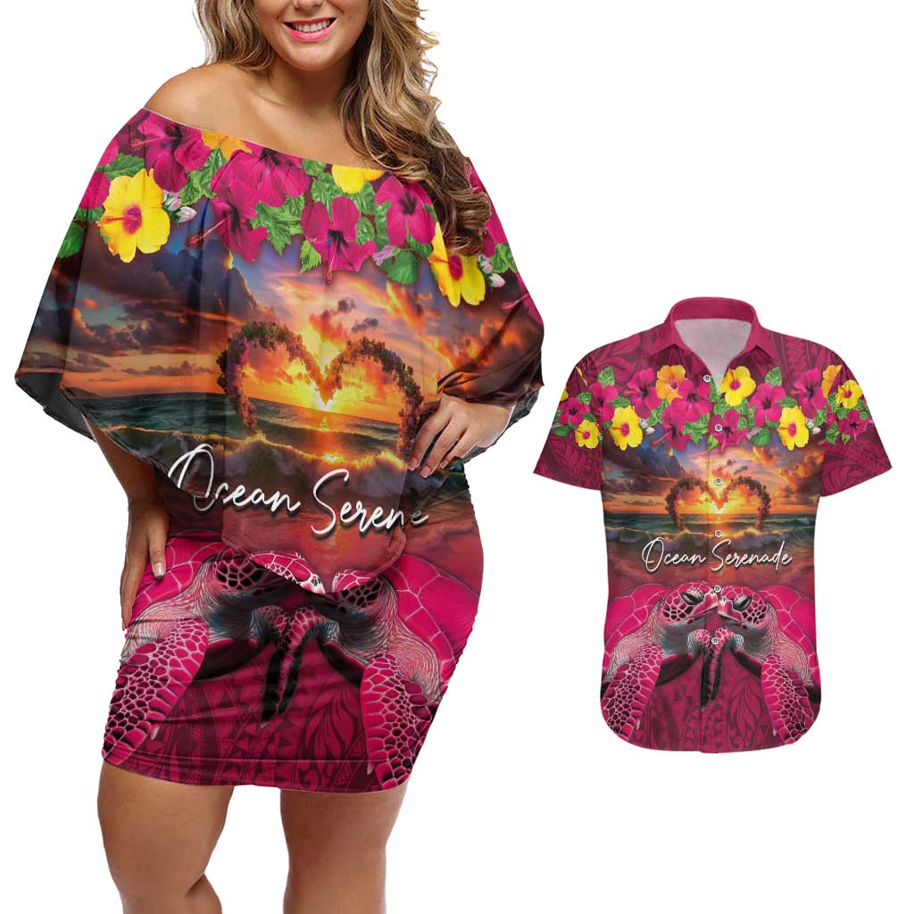 Hawaiian Turtle Love Couple Couples Matching Off Shoulder Short Dress and Hawaiian Shirt Ocean Serenade - Honu Honi Ihu with Hibiscus and Romantic Sunset Pink Color