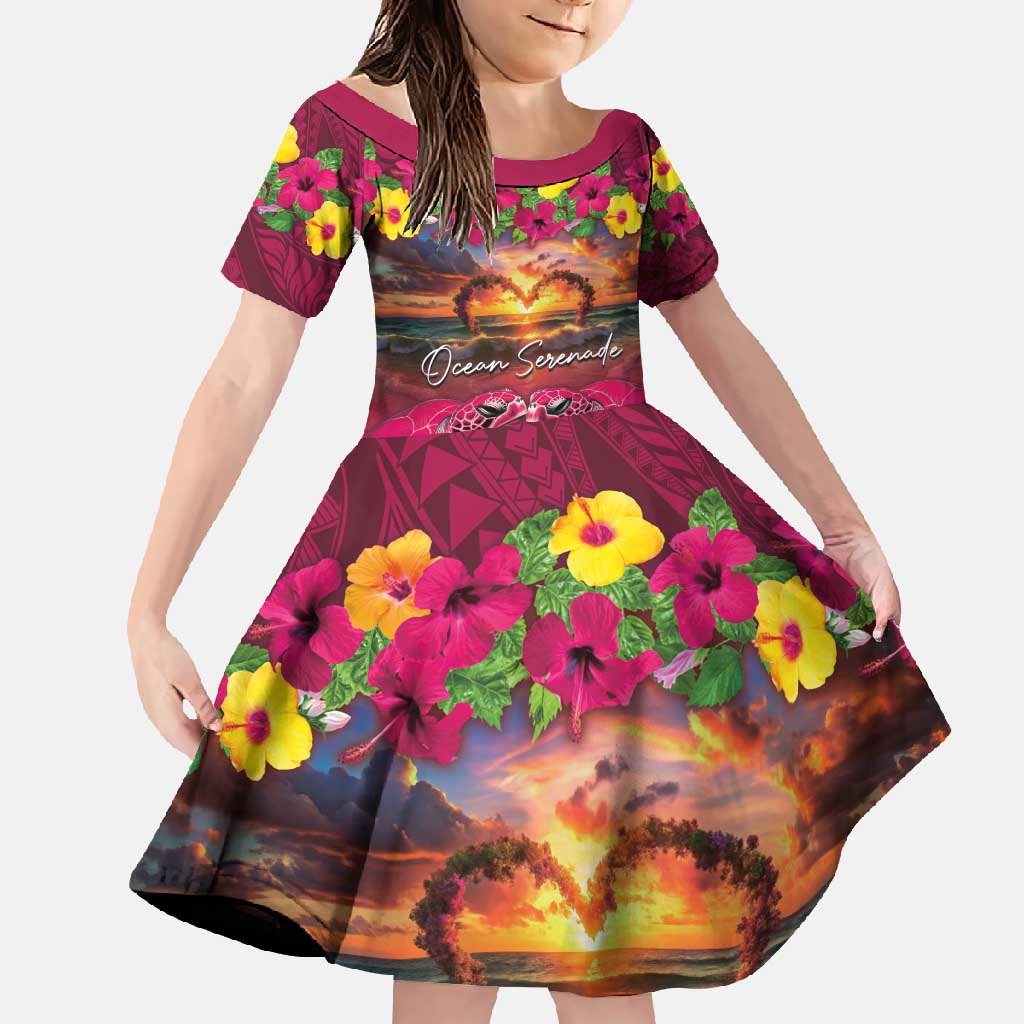 Hawaiian Turtle Love Couple Family Matching Long Sleeve Bodycon Dress and Hawaiian Shirt Ocean Serenade - Honu Honi Ihu with Hibiscus and Romantic Sunset Pink Color