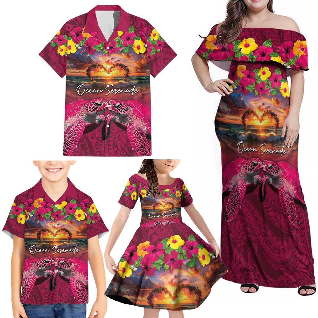 Hawaiian Turtle Love Couple Family Matching Off Shoulder Maxi Dress and Hawaiian Shirt Ocean Serenade - Honu Honi Ihu with Hibiscus and Romantic Sunset Pink Color