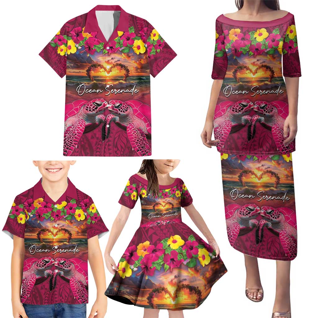 Hawaiian Turtle Love Couple Family Matching Puletasi and Hawaiian Shirt Ocean Serenade - Honu Honi Ihu with Hibiscus and Romantic Sunset Pink Color