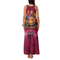 Hawaiian Turtle Love Couple Family Matching Tank Maxi Dress and Hawaiian Shirt Ocean Serenade - Honu Honi Ihu with Hibiscus and Romantic Sunset Pink Color