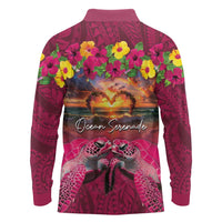 Hawaiian Turtle Love Couple Long Sleeve Polo Shirt Ocean Serenade - Honu Honi Ihu with Hibiscus and Romantic Sunset Pink Color