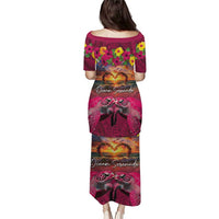 Hawaiian Turtle Love Couple Puletasi Ocean Serenade - Honu Honi Ihu with Hibiscus and Romantic Sunset Pink Color