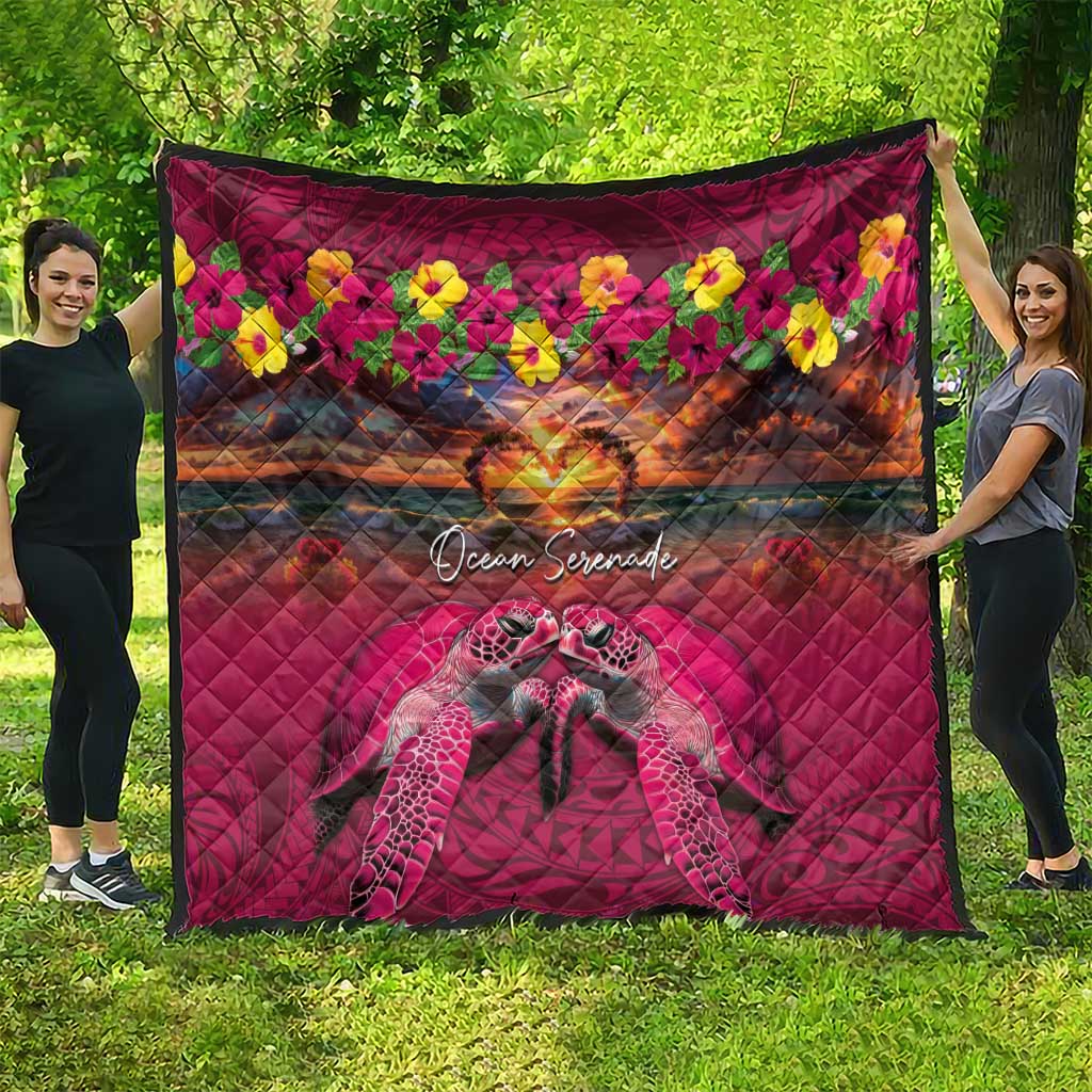 Hawaiian Turtle Love Couple Quilt Ocean Serenade - Honu Honi Ihu with Hibiscus and Romantic Sunset Pink Color
