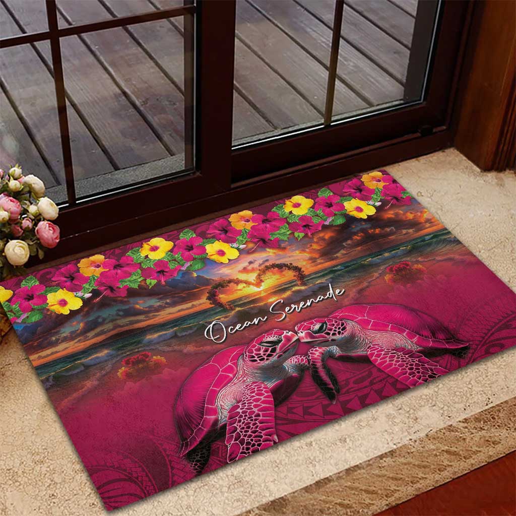 Hawaiian Turtle Love Couple Rubber Doormat Ocean Serenade - Honu Honi Ihu with Hibiscus and Romantic Sunset Pink Color