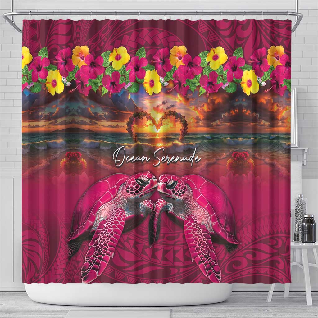 Hawaiian Turtle Love Couple Shower Curtain Ocean Serenade - Honu Honi Ihu with Hibiscus and Romantic Sunset Pink Color