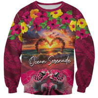 Hawaiian Turtle Love Couple Sweatshirt Ocean Serenade - Honu Honi Ihu with Hibiscus and Romantic Sunset Pink Color