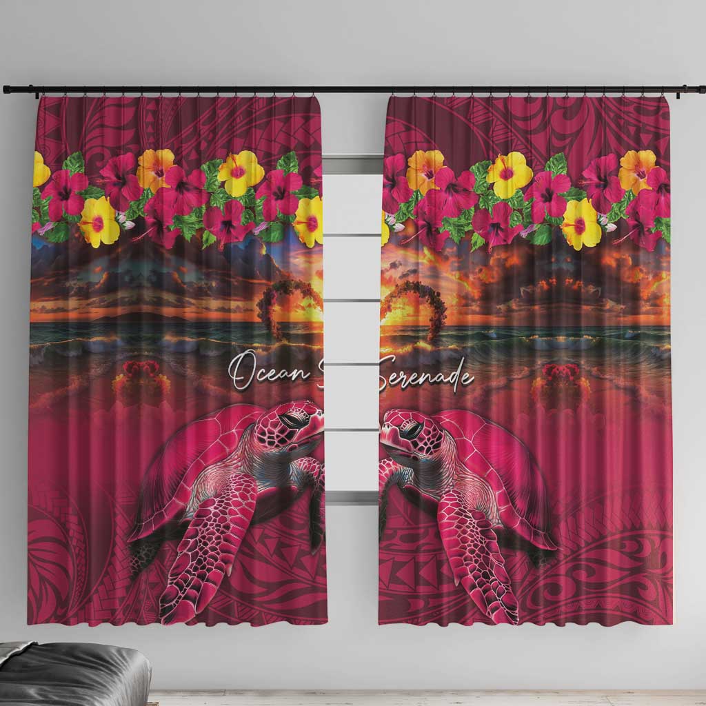 Hawaiian Turtle Love Couple Window Curtain Ocean Serenade - Honu Honi Ihu with Hibiscus and Romantic Sunset Pink Color