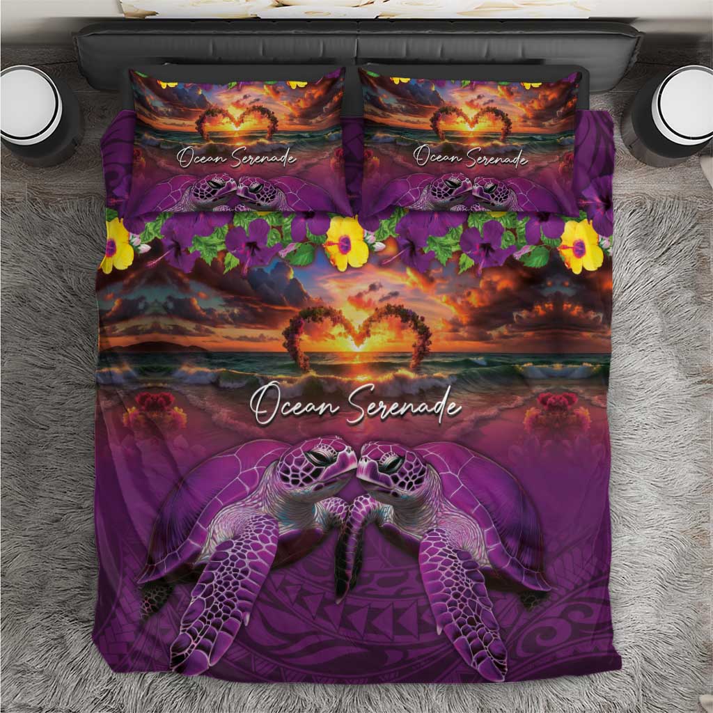 Hawaiian Turtle Love Couple Bedding Set Ocean Serenade - Honu Honi Ihu with Hibiscus and Romantic Sunset Purple Color