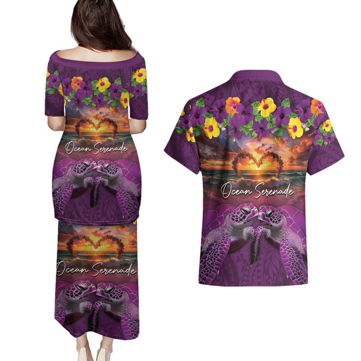 Hawaiian Turtle Love Couple Couples Matching Puletasi and Hawaiian Shirt Ocean Serenade - Honu Honi Ihu with Hibiscus and Romantic Sunset Purple Color