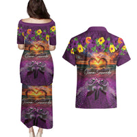 Hawaiian Turtle Love Couple Couples Matching Puletasi and Hawaiian Shirt Ocean Serenade - Honu Honi Ihu with Hibiscus and Romantic Sunset Purple Color