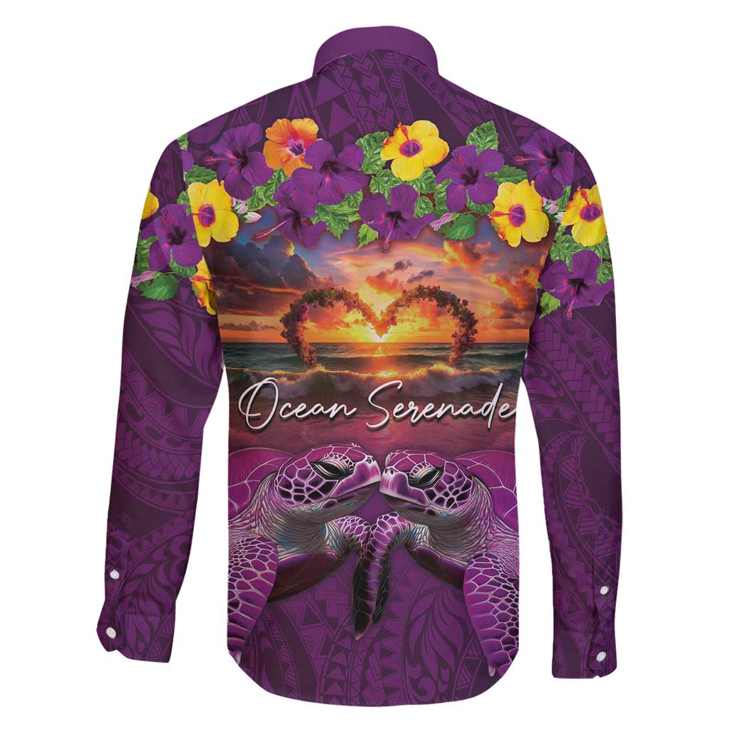 Hawaiian Turtle Love Couple Family Matching Long Sleeve Bodycon Dress and Hawaiian Shirt Ocean Serenade - Honu Honi Ihu with Hibiscus and Romantic Sunset Purple Color