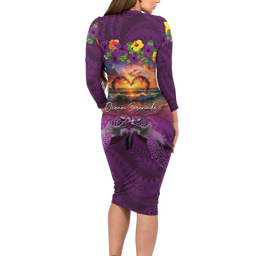 Hawaiian Turtle Love Couple Family Matching Long Sleeve Bodycon Dress and Hawaiian Shirt Ocean Serenade - Honu Honi Ihu with Hibiscus and Romantic Sunset Purple Color