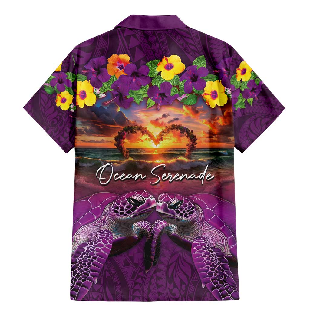 Hawaiian Turtle Love Couple Family Matching Mermaid Dress and Hawaiian Shirt Ocean Serenade - Honu Honi Ihu with Hibiscus and Romantic Sunset Purple Color