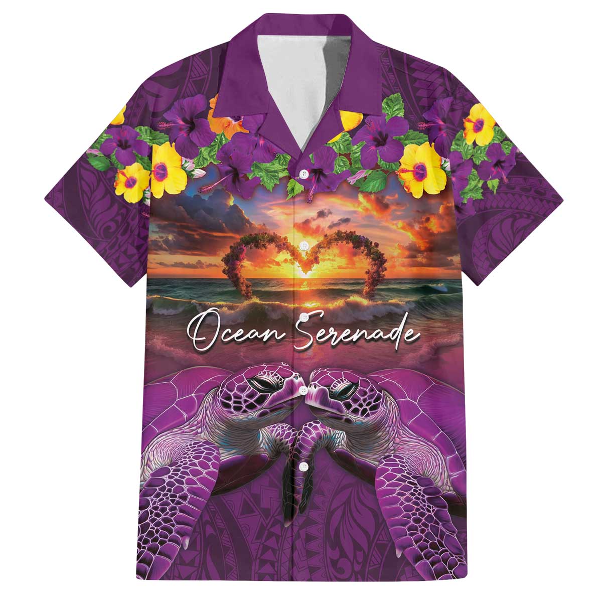 Hawaiian Turtle Love Couple Family Matching Off The Shoulder Long Sleeve Dress and Hawaiian Shirt Ocean Serenade - Honu Honi Ihu with Hibiscus and Romantic Sunset Purple Color