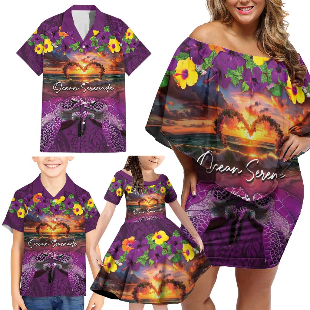 Hawaiian Turtle Love Couple Family Matching Off Shoulder Short Dress and Hawaiian Shirt Ocean Serenade - Honu Honi Ihu with Hibiscus and Romantic Sunset Purple Color