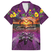 Hawaiian Turtle Love Couple Family Matching Off Shoulder Short Dress and Hawaiian Shirt Ocean Serenade - Honu Honi Ihu with Hibiscus and Romantic Sunset Purple Color