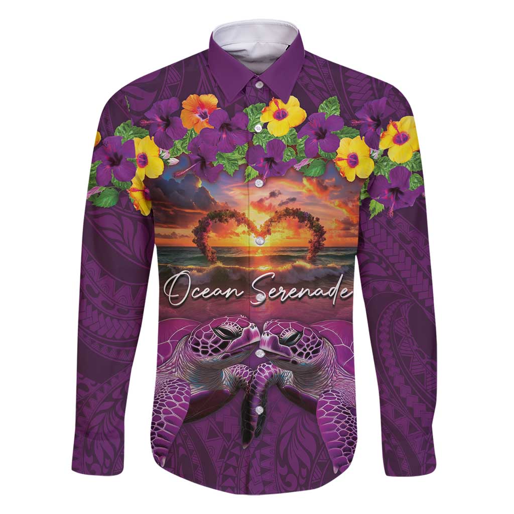 Hawaiian Turtle Love Couple Family Matching Off Shoulder Short Dress and Hawaiian Shirt Ocean Serenade - Honu Honi Ihu with Hibiscus and Romantic Sunset Purple Color