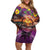 Hawaiian Turtle Love Couple Family Matching Off Shoulder Short Dress and Hawaiian Shirt Ocean Serenade - Honu Honi Ihu with Hibiscus and Romantic Sunset Purple Color