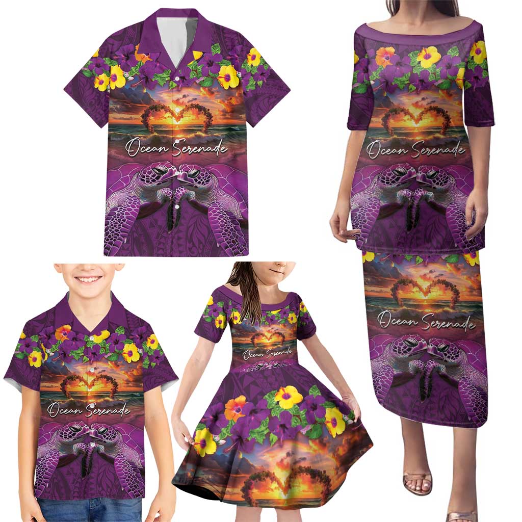 Hawaiian Turtle Love Couple Family Matching Puletasi and Hawaiian Shirt Ocean Serenade - Honu Honi Ihu with Hibiscus and Romantic Sunset Purple Color