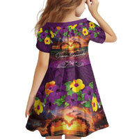 Hawaiian Turtle Love Couple Family Matching Short Sleeve Bodycon Dress and Hawaiian Shirt Ocean Serenade - Honu Honi Ihu with Hibiscus and Romantic Sunset Purple Color
