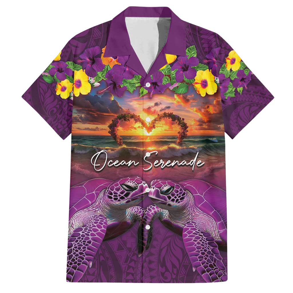 Hawaiian Turtle Love Couple Family Matching Tank Maxi Dress and Hawaiian Shirt Ocean Serenade - Honu Honi Ihu with Hibiscus and Romantic Sunset Purple Color