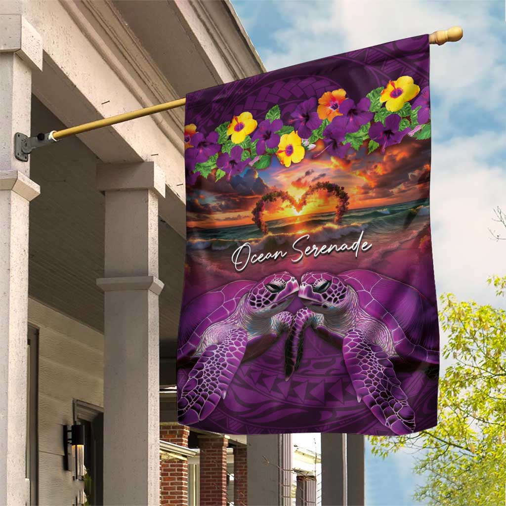 Hawaiian Turtle Love Couple Garden Flag Ocean Serenade - Honu Honi Ihu with Hibiscus and Romantic Sunset Purple Color