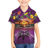 Hawaiian Turtle Love Couple Kid Hawaiian Shirt Ocean Serenade - Honu Honi Ihu with Hibiscus and Romantic Sunset Purple Color