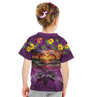 Hawaiian Turtle Love Couple Kid T Shirt Ocean Serenade - Honu Honi Ihu with Hibiscus and Romantic Sunset Purple Color