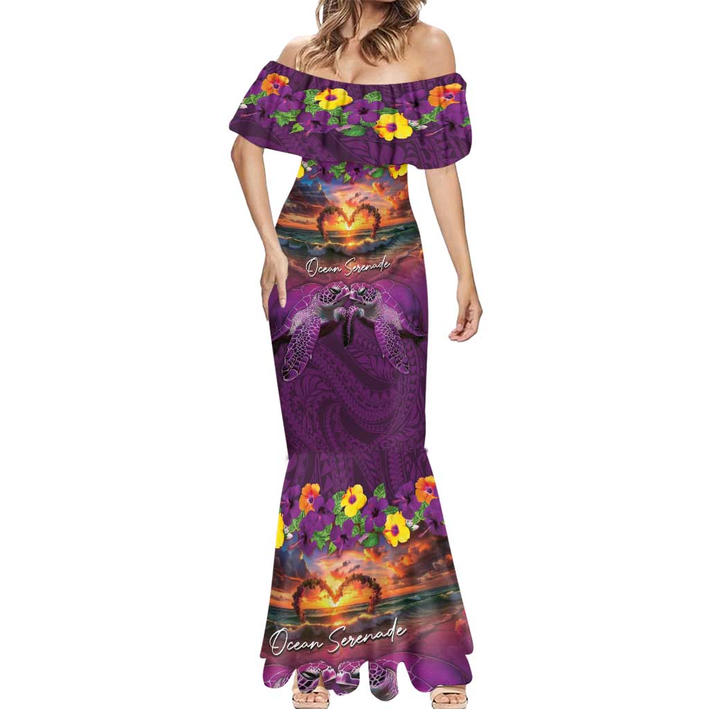 Hawaiian Turtle Love Couple Mermaid Dress Ocean Serenade - Honu Honi Ihu with Hibiscus and Romantic Sunset Purple Color