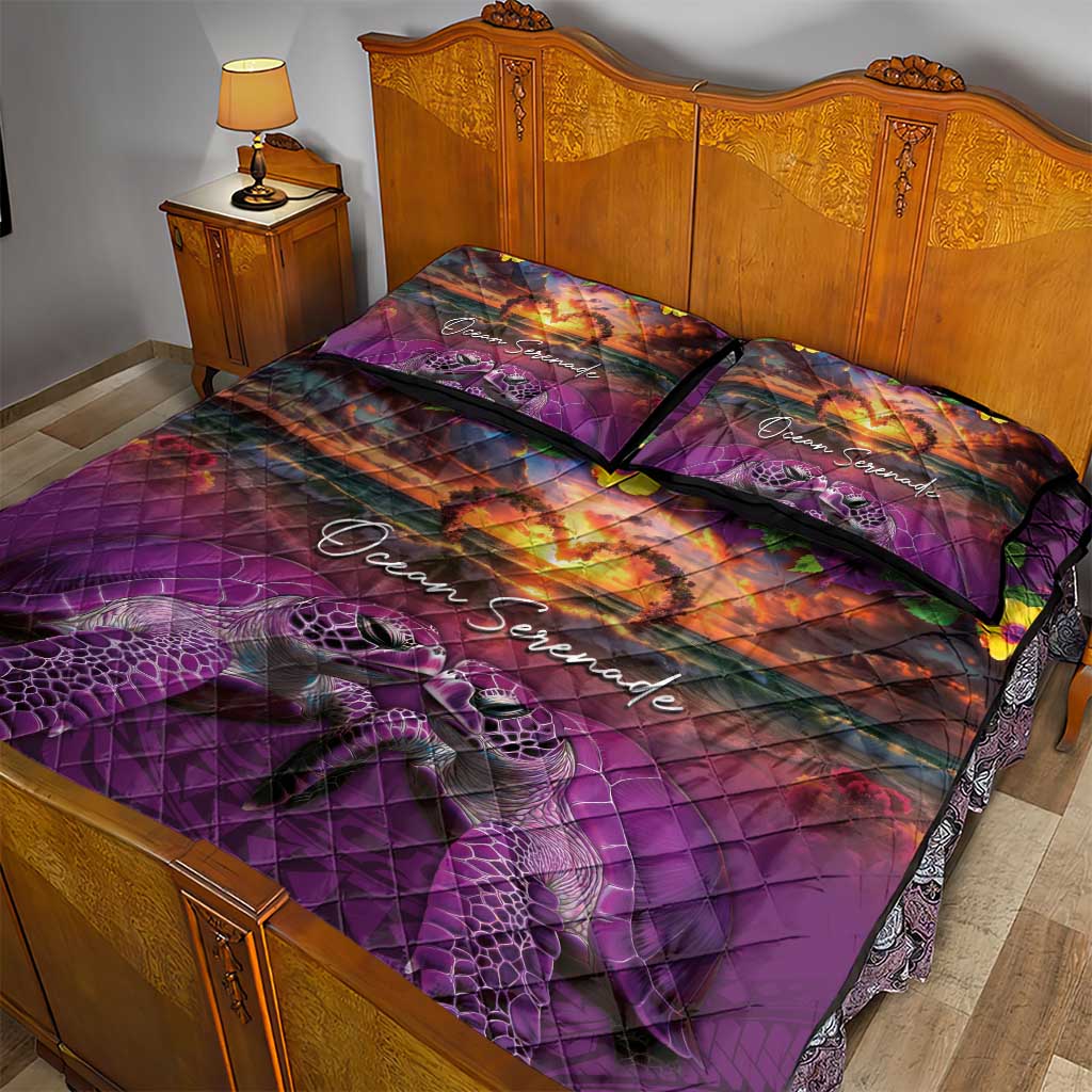 Hawaiian Turtle Love Couple Quilt Bed Set Ocean Serenade - Honu Honi Ihu with Hibiscus and Romantic Sunset Purple Color