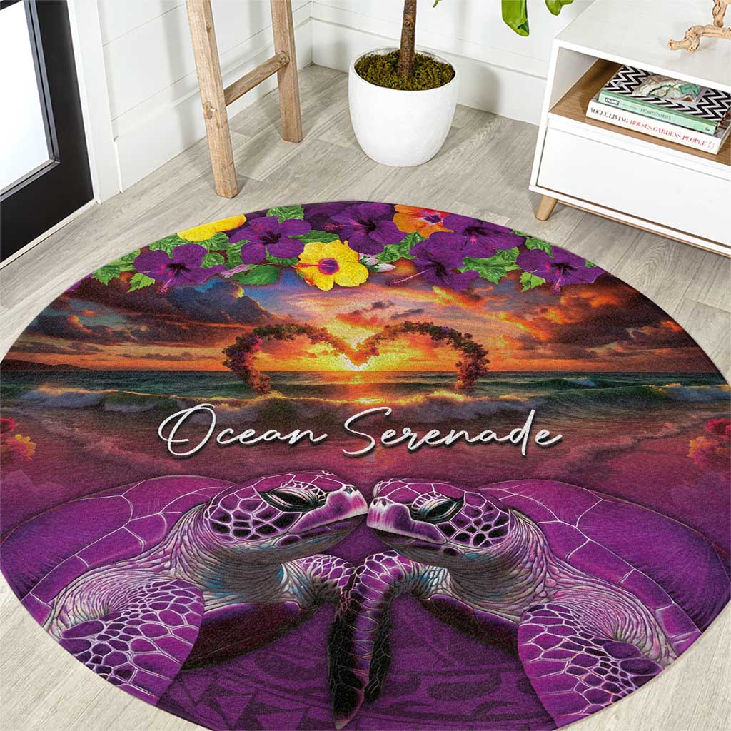 Hawaiian Turtle Love Couple Round Carpet Ocean Serenade - Honu Honi Ihu with Hibiscus and Romantic Sunset Purple Color