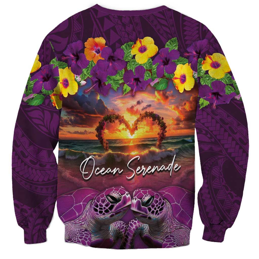 Hawaiian Turtle Love Couple Sweatshirt Ocean Serenade - Honu Honi Ihu with Hibiscus and Romantic Sunset Purple Color