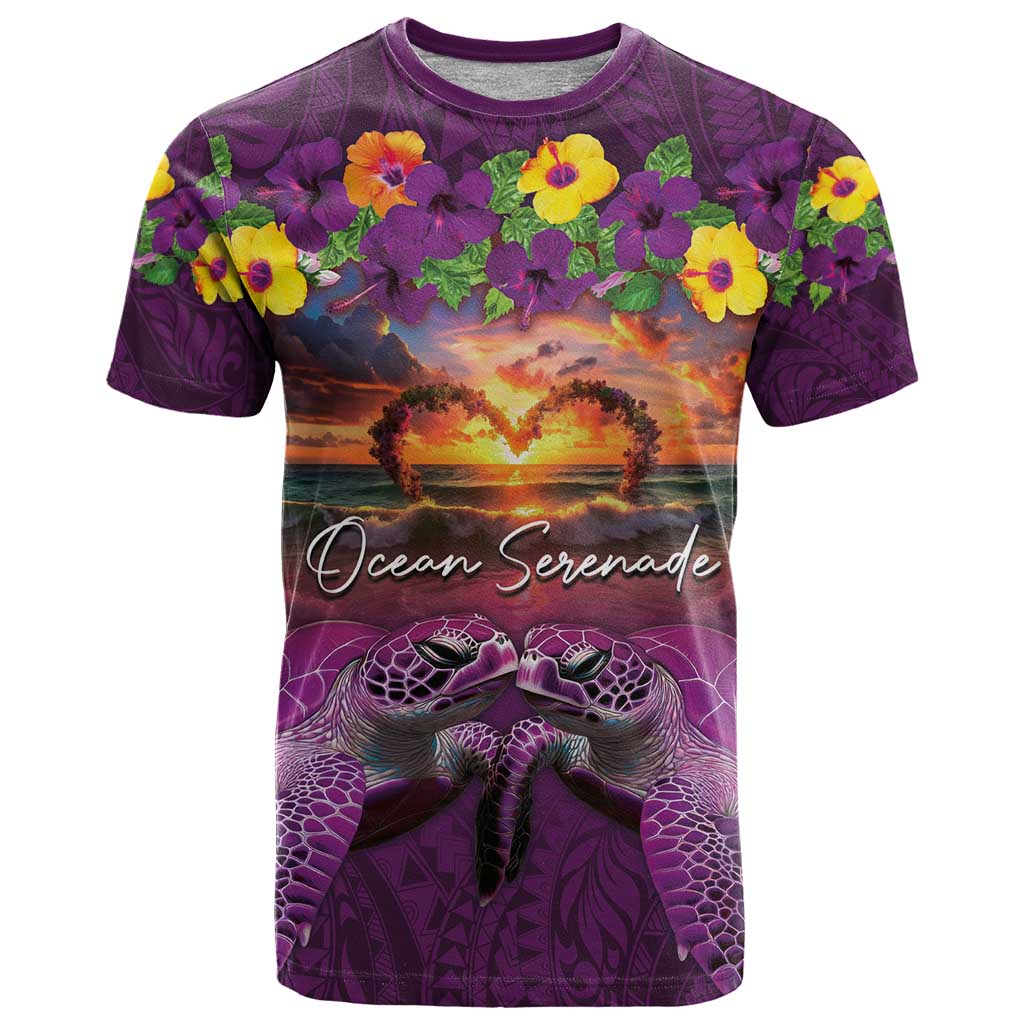 Hawaiian Turtle Love Couple T Shirt Ocean Serenade - Honu Honi Ihu with Hibiscus and Romantic Sunset Purple Color