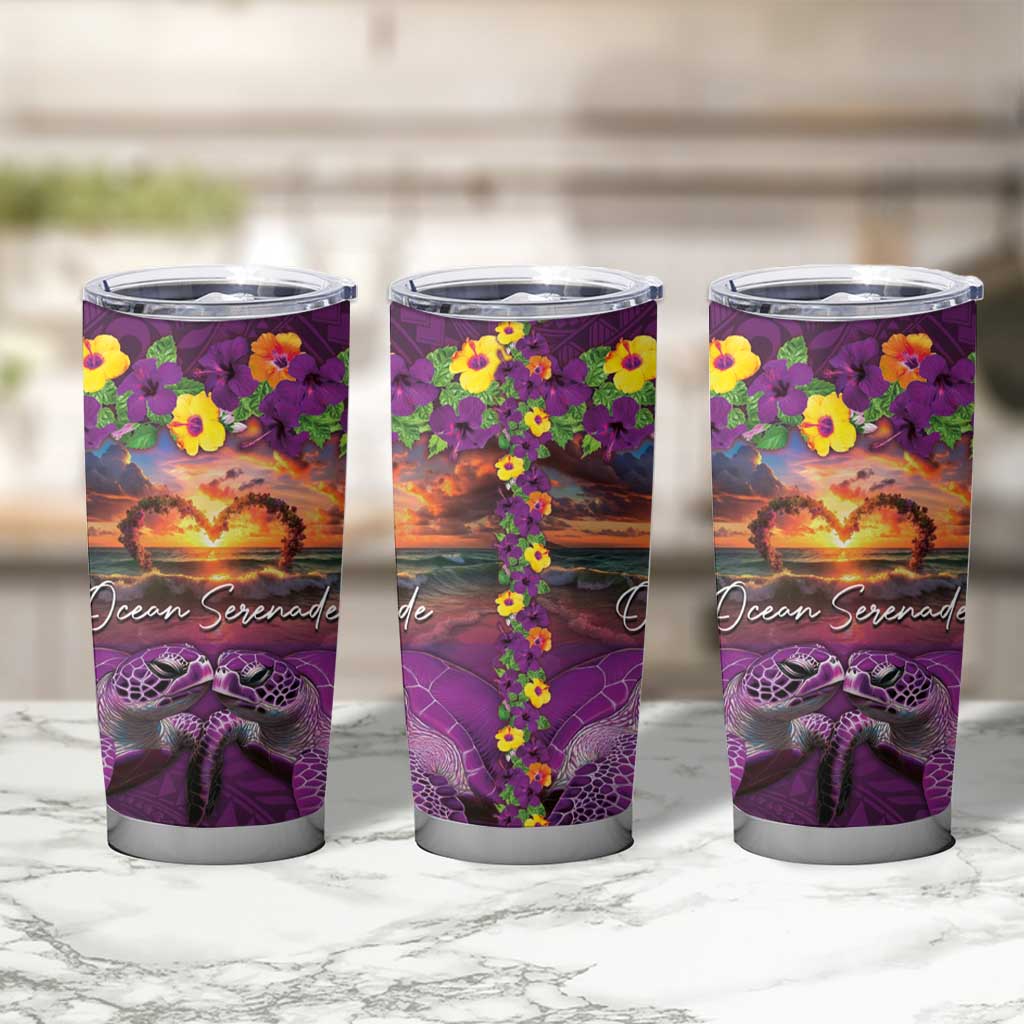Hawaiian Turtle Love Couple Tumbler Cup Ocean Serenade - Honu Honi Ihu with Hibiscus and Romantic Sunset Purple Color