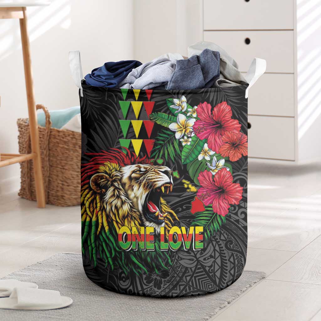 Hawaiian One Love Laundry Basket Reggae Lion Tropical Plants and Kakau with Tribal Pattern LT03 Black - Polynesian Pride