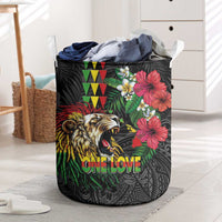Hawaiian One Love Laundry Basket Reggae Lion Tropical Plants and Kakau with Tribal Pattern LT03 Black - Polynesian Pride